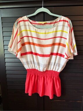 Gianni Bini Cream Top with Coral, Orange & Yellow Stripes